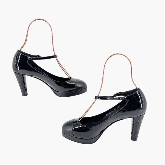 Chanel Platform Pumps Size 38 US 7-7.5 Black Patent Cap Toe Mary Jane Mid Heel - Picture 10 of 15
